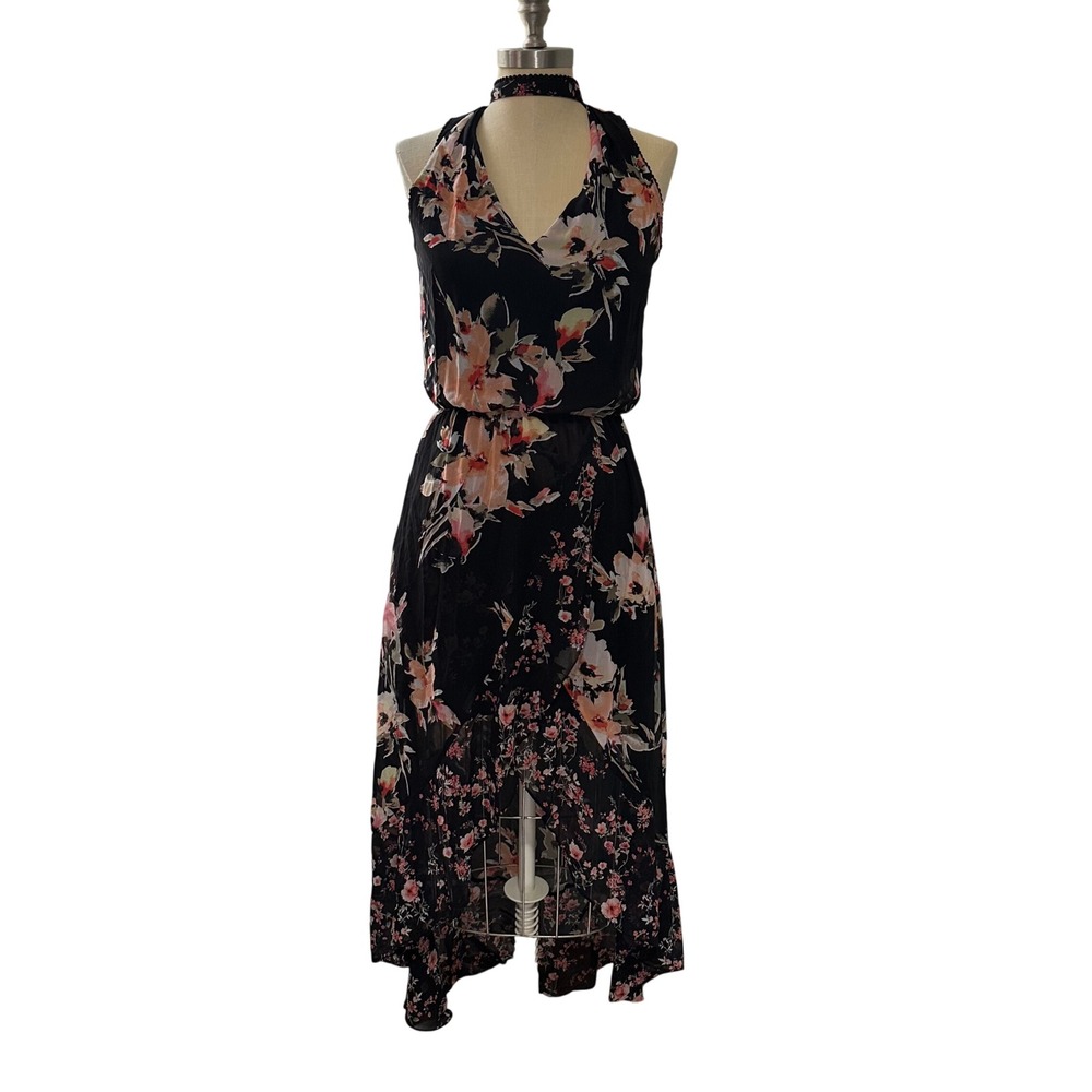 White House Black Market Choker Collar Keyhole Hi Lo Floral Maxi Dress Size 2